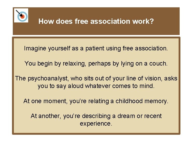 How does free association work? Imagine yourself as a patient using free association. You