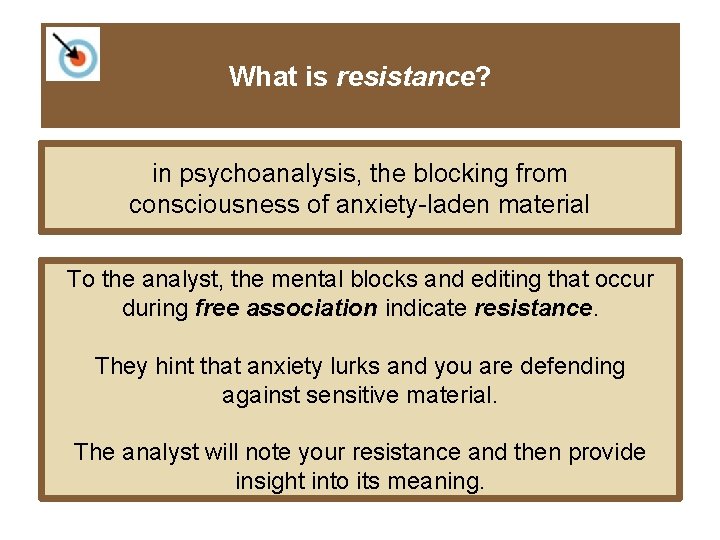 What is resistance? in psychoanalysis, the blocking from consciousness of anxiety-laden material To the
