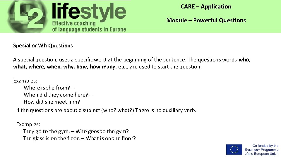 CARE – Application Module – Powerful Questions Special or Wh-Questions A special question, uses