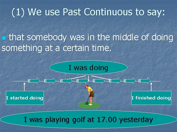 (1) We use Past Continuous to say: that somebody was in the middle of