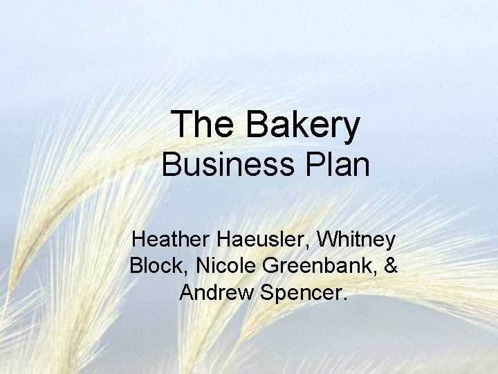 The Bakery Business Plan Heather Haeusler, Whitney Block, Nicole Greenbank, & Andrew Spencer. 