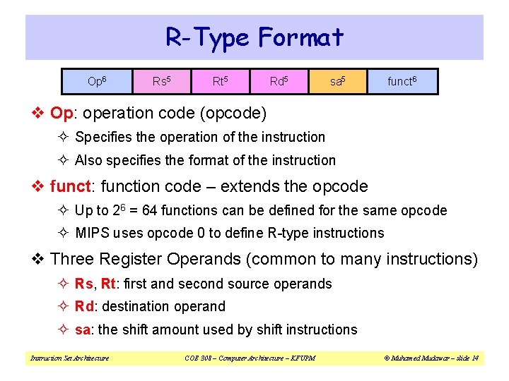 R-Type Format Op 6 Rs 5 Rt 5 Rd 5 sa 5 funct 6