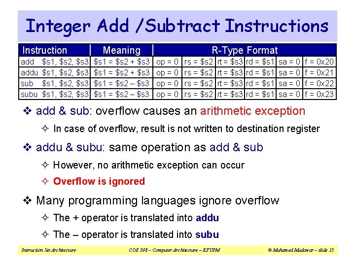 Integer Add /Subtract Instructions Instruction addu subu $s 1, $s 2, $s 3 Meaning