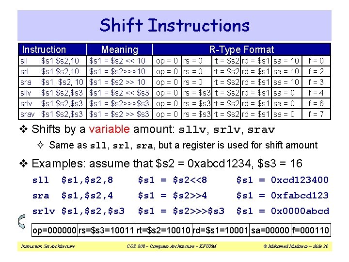 Shift Instructions Instruction sll sra sllv srav $s 1, $s 2, 10 $s 1,