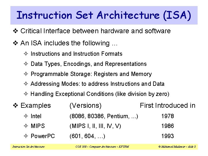 Instruction Set Architecture (ISA) v Critical Interface between hardware and software v An ISA