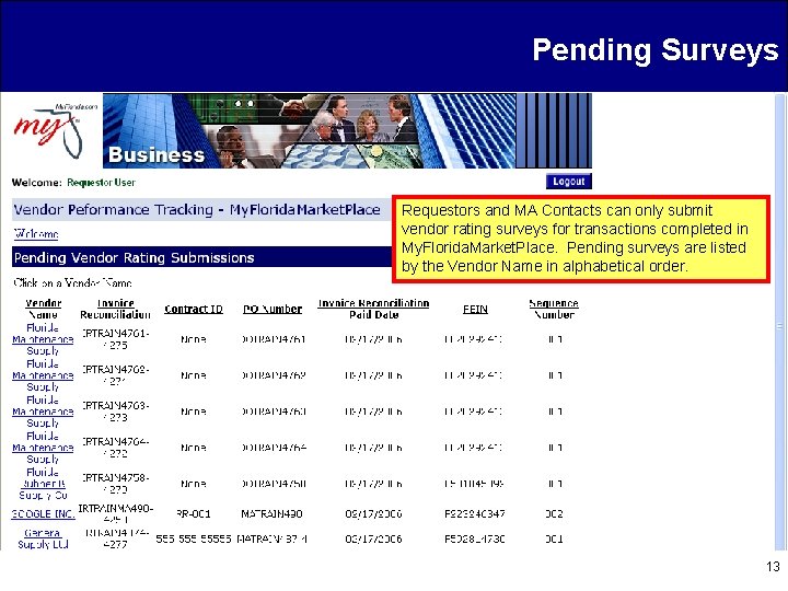 Pending Surveys Requestors and MA Contacts can only submit vendor rating surveys for transactions