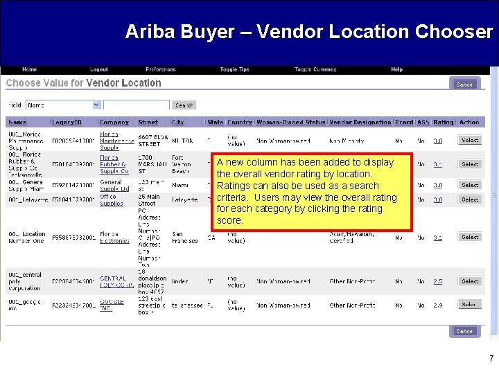 Ariba Buyer – Vendor Location Chooser A new column has been added to display