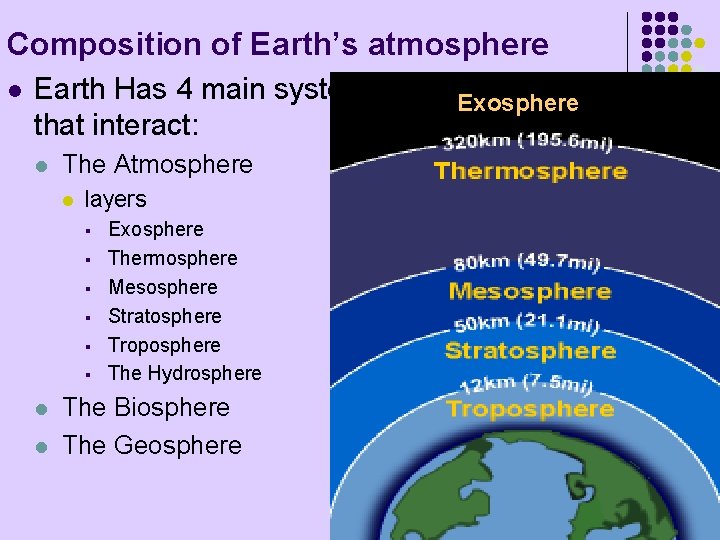 Composition of Earth’s atmosphere l Earth Has 4 main systems that interact: l The