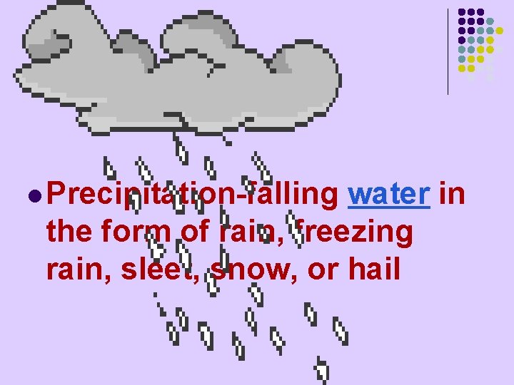 l Precipitation-falling water in the form of rain, freezing rain, sleet, snow, or hail