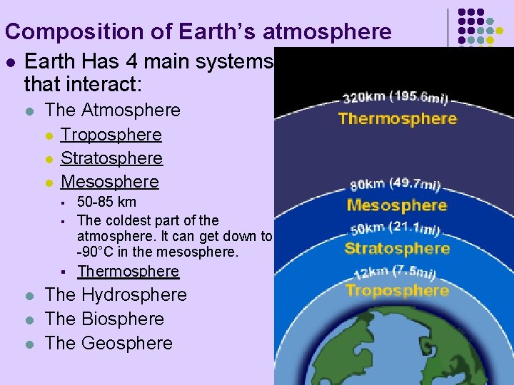 Composition of Earth’s atmosphere l Earth Has 4 main systems that interact: l The