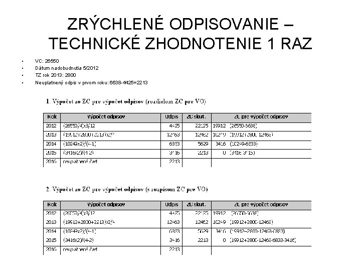 ZRÝCHLENÉ ODPISOVANIE – TECHNICKÉ ZHODNOTENIE 1 RAZ • • VC: 26550 Dátum nadobudnutia 5/2012