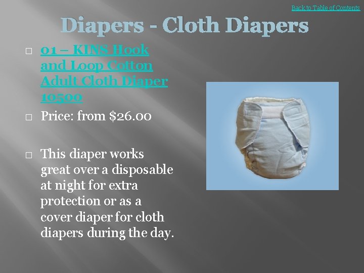 Back to Table of Contents Diapers - Cloth Diapers � � � 01 –
