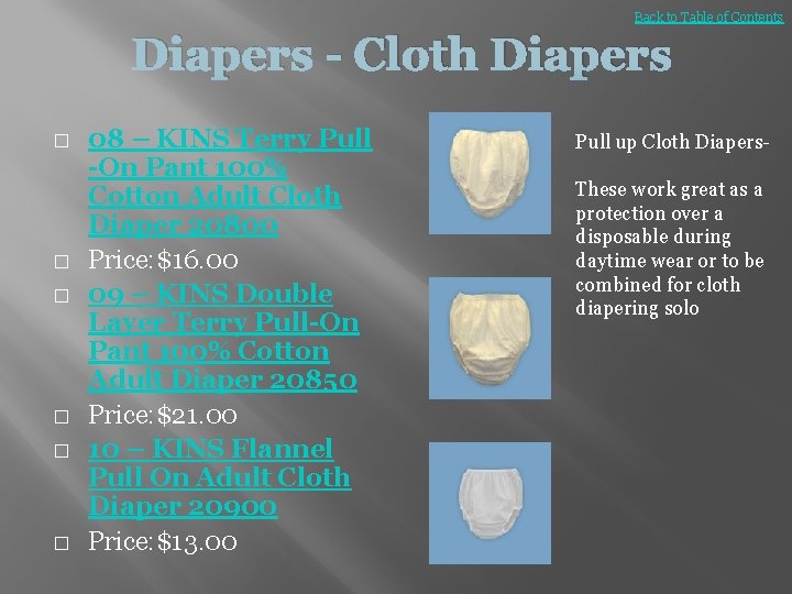 Back to Table of Contents Diapers - Cloth Diapers � � � 08 –