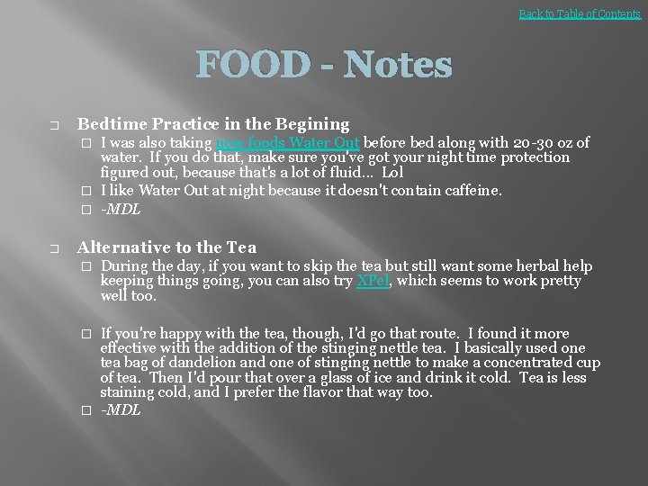 Back to Table of Contents FOOD - Notes � Bedtime Practice in the Begining