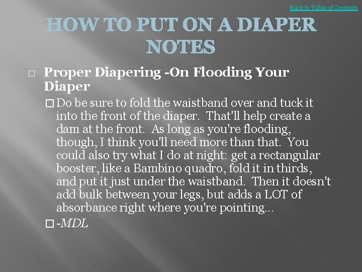 Back to Table of Contents HOW TO PUT ON A DIAPER NOTES � Proper