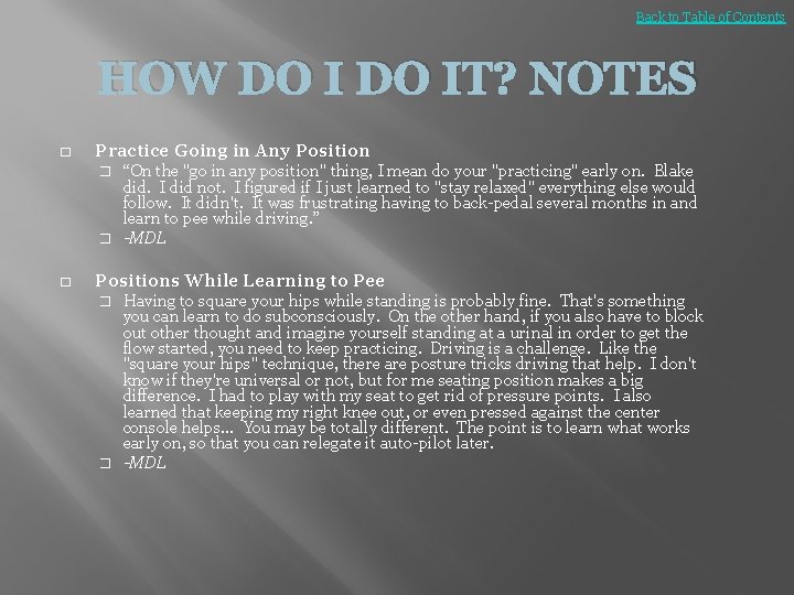 Back to Table of Contents HOW DO IT? NOTES � Practice Going in Any