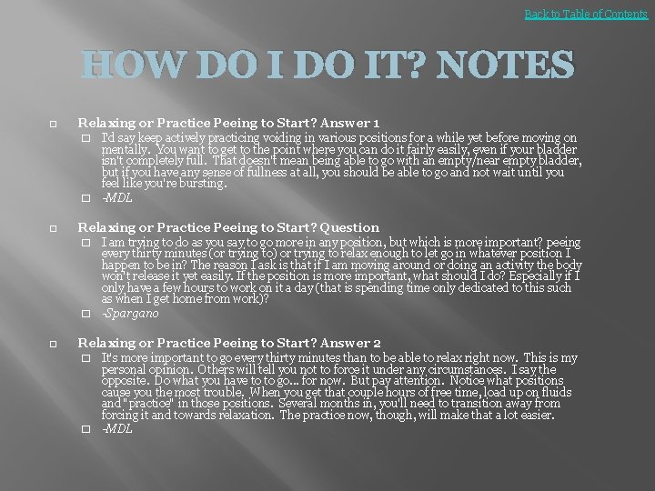 Back to Table of Contents HOW DO IT? NOTES � Relaxing or Practice Peeing