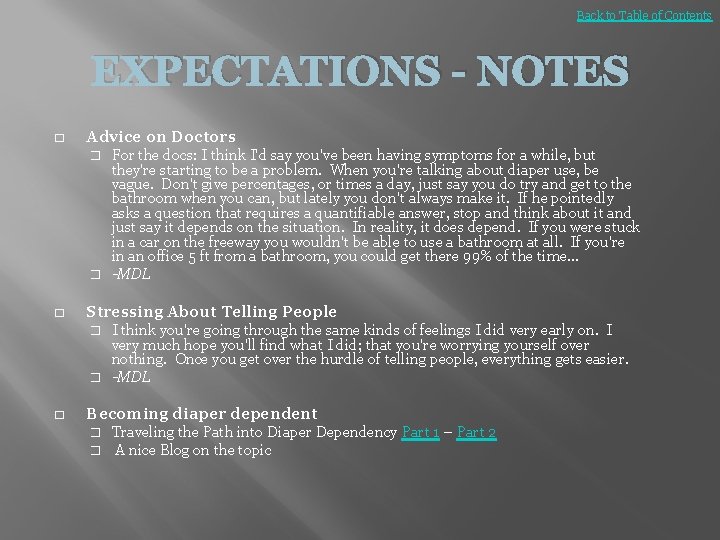 Back to Table of Contents EXPECTATIONS - NOTES � Advice on Doctors For the