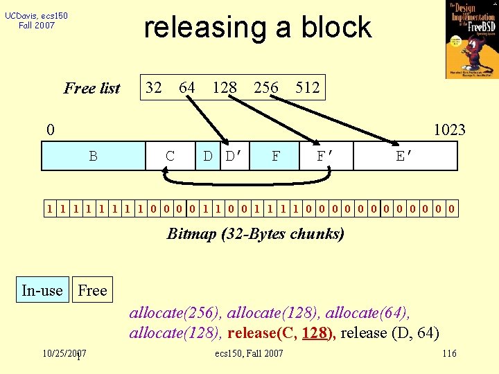 UCDavis, ecs 150 Fall 2007 releasing a block Free list 32 64 128 256