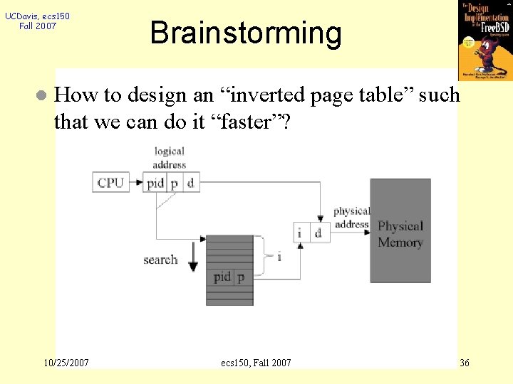 UCDavis, ecs 150 Fall 2007 l Brainstorming How to design an “inverted page table”