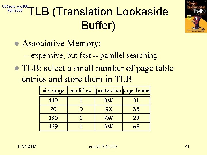 UCDavis, ecs 150 Fall 2007 TLB (Translation Lookaside Buffer) l Associative Memory: – expensive,