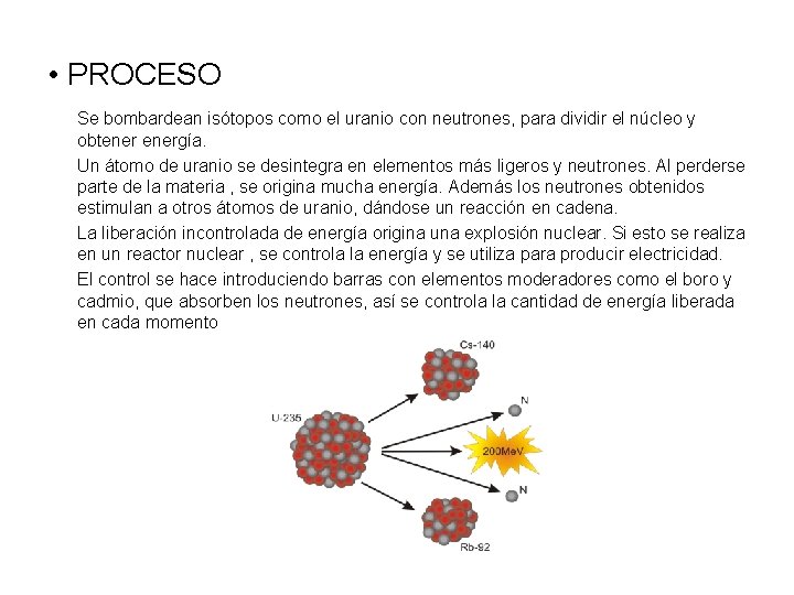  • PROCESO Se bombardean isótopos como el uranio con neutrones, para dividir el