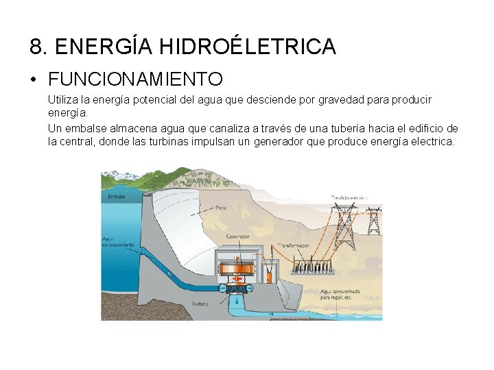 8. ENERGÍA HIDROÉLETRICA • FUNCIONAMIENTO Utiliza la energía potencial del agua que desciende por