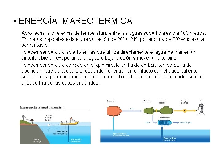  • ENERGÍA MAREOTÉRMICA Aprovecha la diferencia de temperatura entre las aguas superficiales y