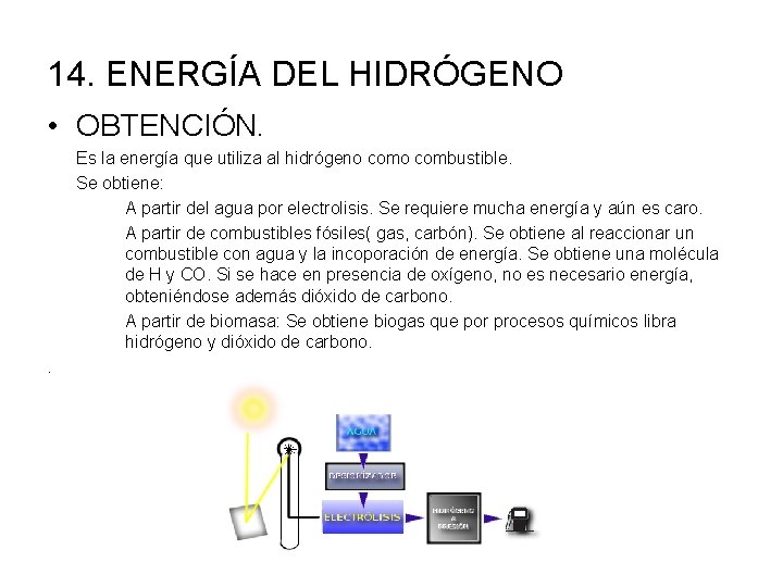 14. ENERGÍA DEL HIDRÓGENO • OBTENCIÓN. Es la energía que utiliza al hidrógeno combustible.