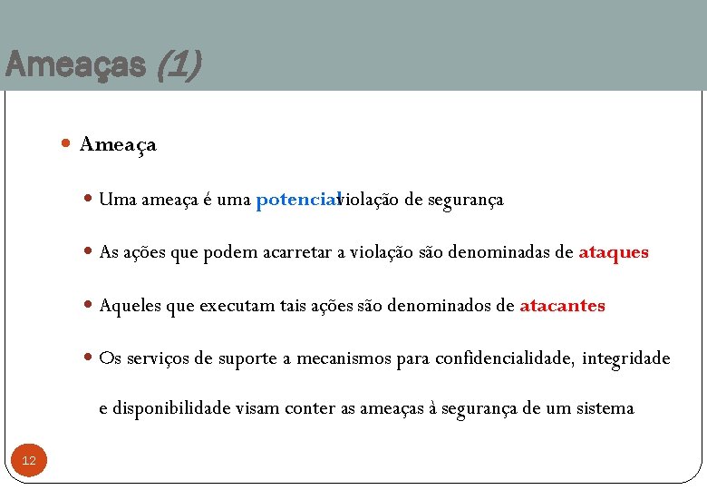 Ameaças (1) Ameaça Uma ameaça é uma potencialviolação de segurança As ações que podem