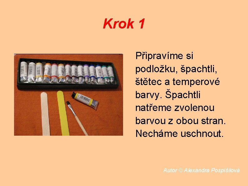 Krok 1 Připravíme si podložku, špachtli, štětec a temperové barvy. Špachtli natřeme zvolenou barvou