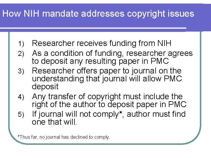 How NIH mandate addresses copyright issues Researcher receives funding from NIH As a condition