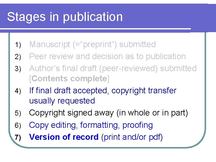 Stages in publication 1) 2) 3) 4) 5) 6) 7) Manuscript (=“preprint”) submitted Peer