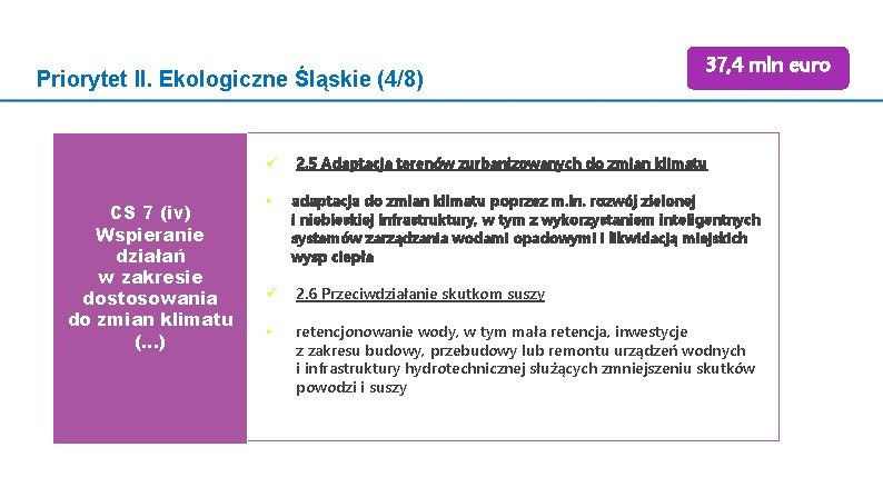 Priorytet II. Ekologiczne Śląskie (4/8) CS 7 (iv) Wspieranie działań w zakresie dostosowania do