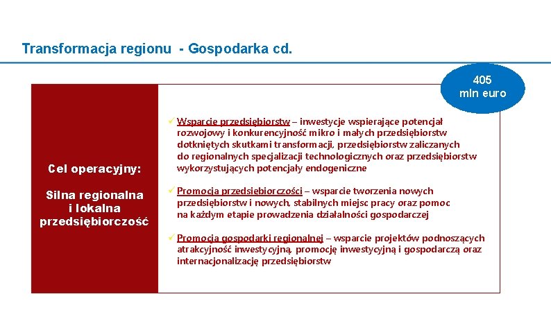 Transformacja regionu - Gospodarka cd. 405 mln euro Cel operacyjny: Silna regionalna i lokalna