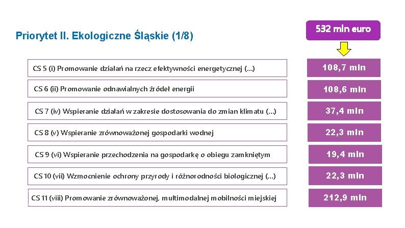 Priorytet II. Ekologiczne Śląskie (1/8) 532 mln euro CS 5 (i) Promowanie działań na