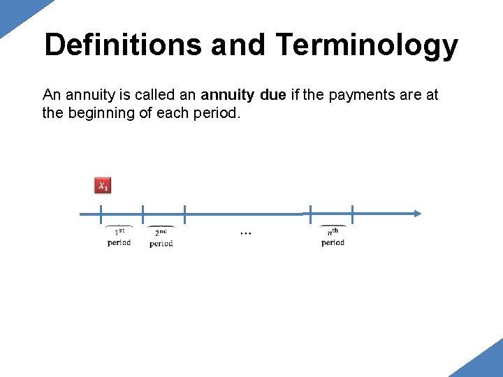 Definitions and Terminology An annuity is called an annuity due if the payments are Definitions and Terminology An annuity is called an annuity due if the payments are