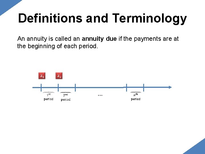 Definitions and Terminology An annuity is called an annuity due if the payments are Definitions and Terminology An annuity is called an annuity due if the payments are