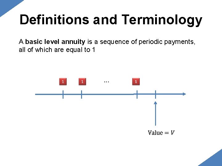 Definitions and Terminology A basic level annuity is a sequence of periodic payments, all Definitions and Terminology A basic level annuity is a sequence of periodic payments, all