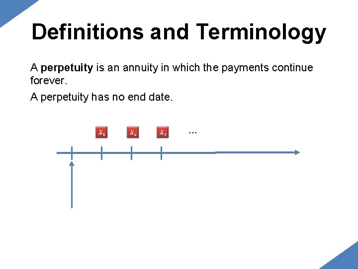 Definitions and Terminology A perpetuity is an annuity in which the payments continue forever. Definitions and Terminology A perpetuity is an annuity in which the payments continue forever.