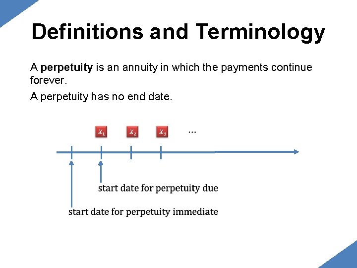 Definitions and Terminology A perpetuity is an annuity in which the payments continue forever. Definitions and Terminology A perpetuity is an annuity in which the payments continue forever.