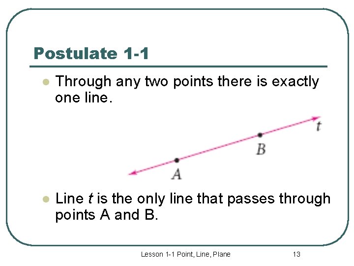 Postulate 1 -1 l Through any two points there is exactly one line. l
