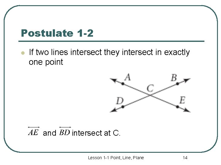Postulate 1 -2 l If two lines intersect they intersect in exactly one point