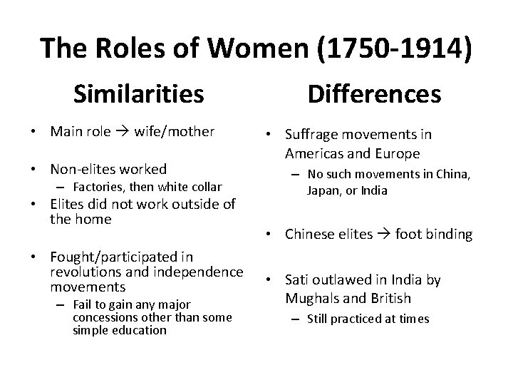 The Roles of Women (1750 -1914) Similarities • Main role wife/mother • Non-elites worked