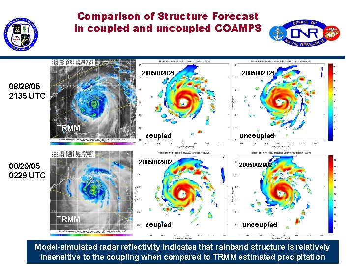 Comparison of Structure Forecast in coupled and uncoupled COAMPS 2005082821 08/28/05 2135 UTC TRMM