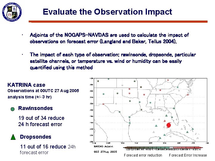 Evaluate the Observation Impact • Adjoints of the NOGAPS-NAVDAS are used to calculate the