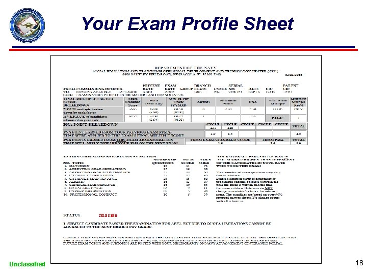 Your Exam Profile Sheet SELECTEE Unclassified 18 