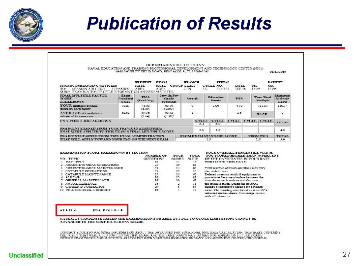 Publication of Results Unclassified 27 