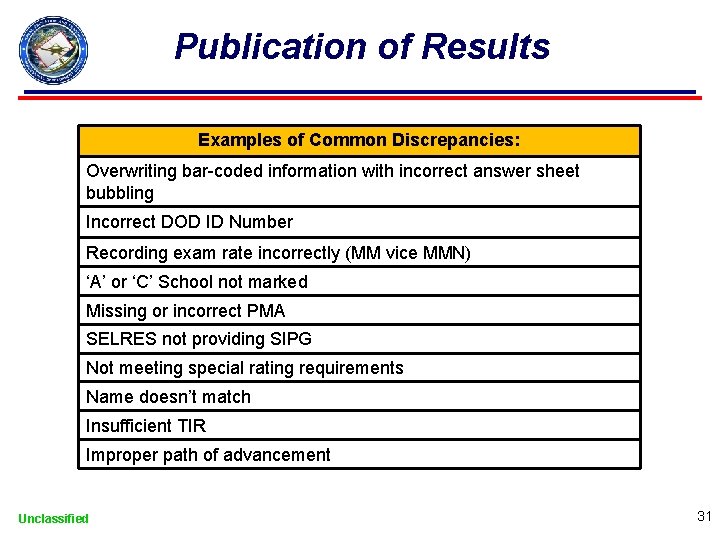 Publication of Results Examples of Common Discrepancies: Overwriting bar-coded information with incorrect answer sheet