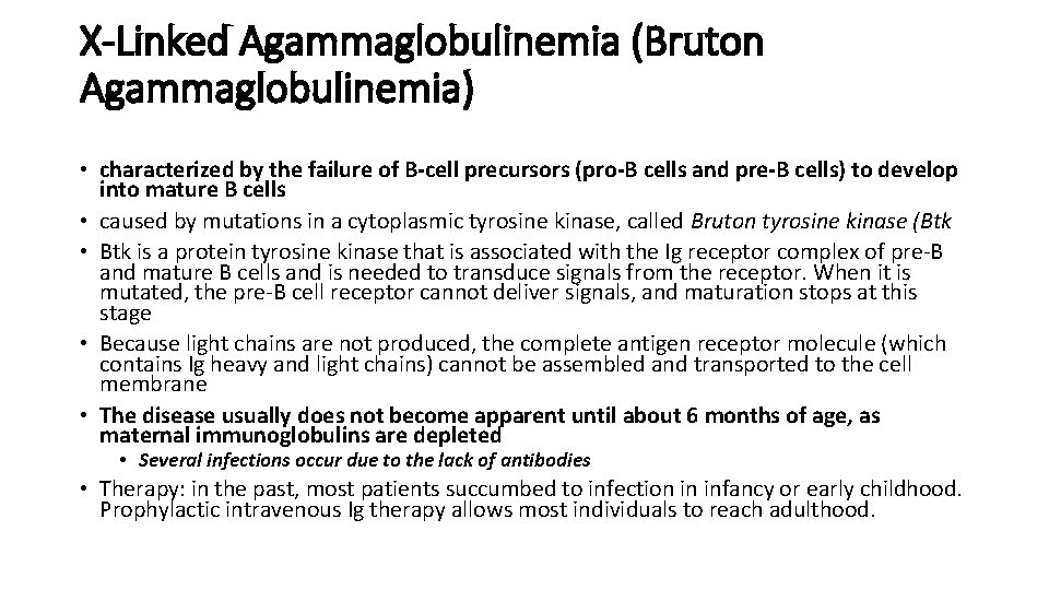 X-Linked Agammaglobulinemia (Bruton Agammaglobulinemia) • characterized by the failure of B-cell precursors (pro-B cells